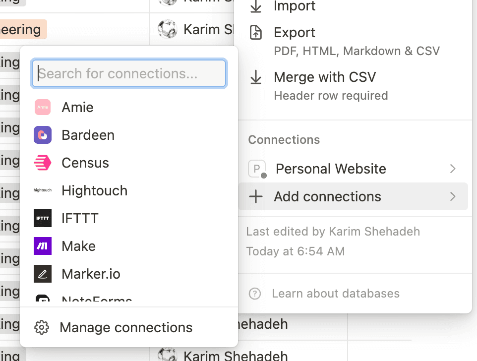 The Connections Popup in Notion